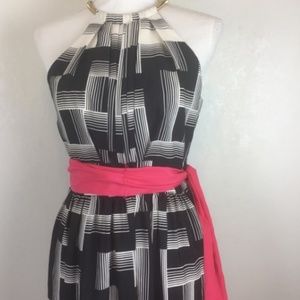 Eliza J Size 4 Maxi Dress White Black Pink Sash